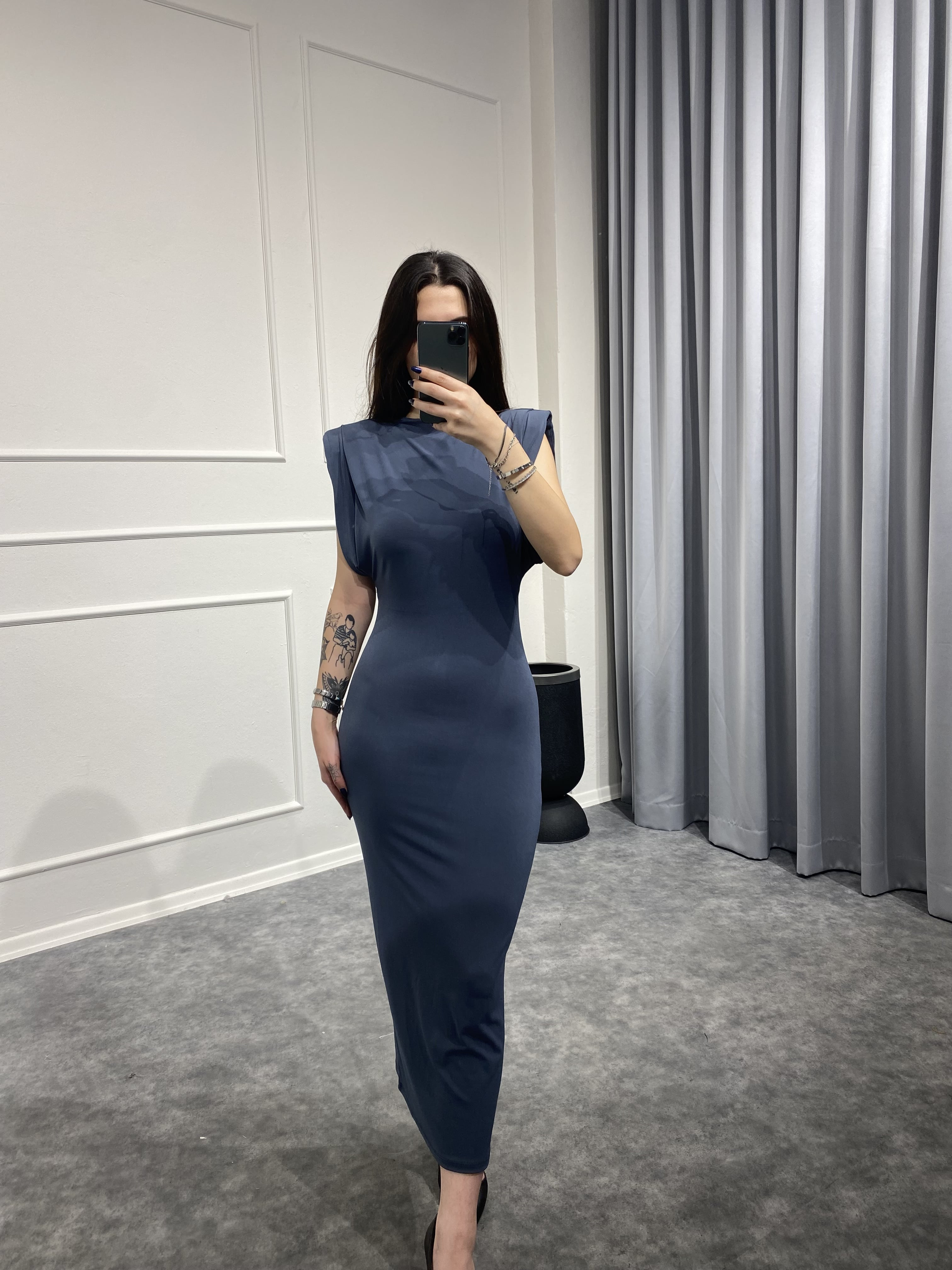 Vatkalı Antrasit Yeni Model Kadın Uzun Elbise